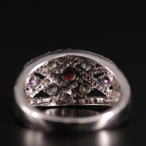 Sterling Silver Openwork Ring with Garnet, Blue Topaz, and Diamond Stone… - Picture 3 of 8